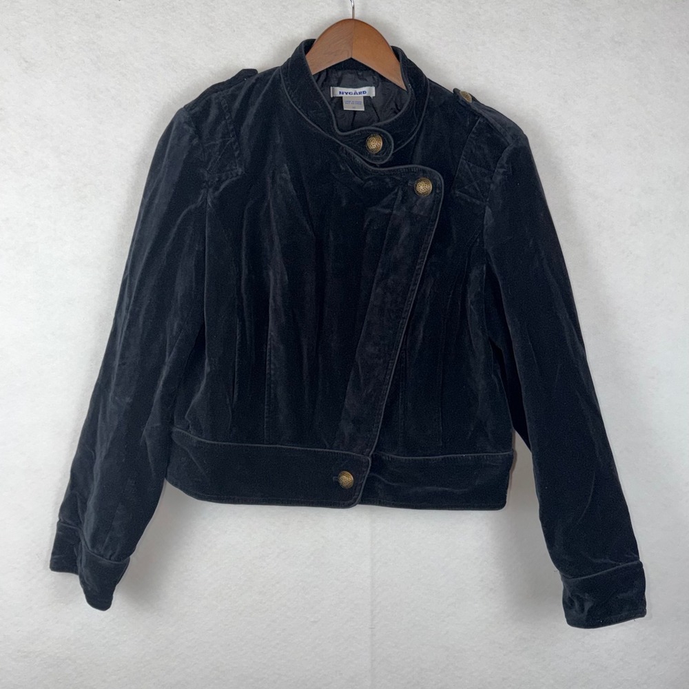 Nygard Black Velvet Military Jacket Womens 10 Asymmetrical Gold Button Cropped